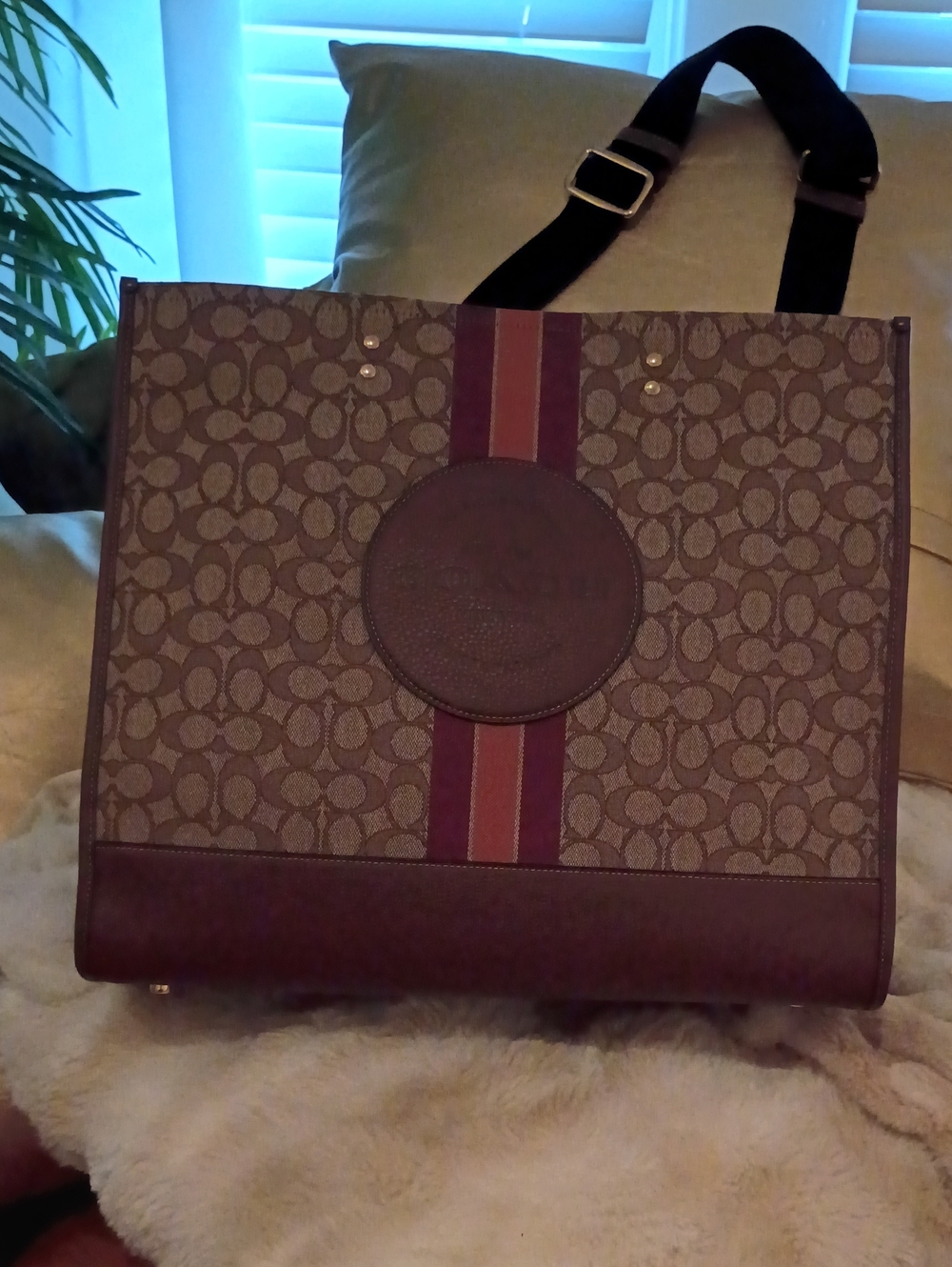 Coach Signature Tote with Brown and Burgundy Stripe
